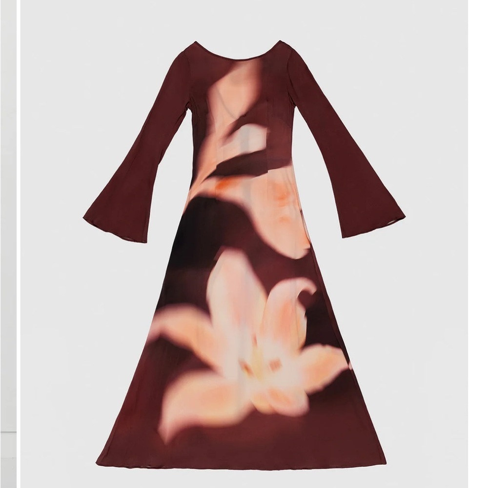 The WOLF GANG Leona Maxi Dress with flare sleeve and florals burgundy dress SZ S - Picture 2 of 16